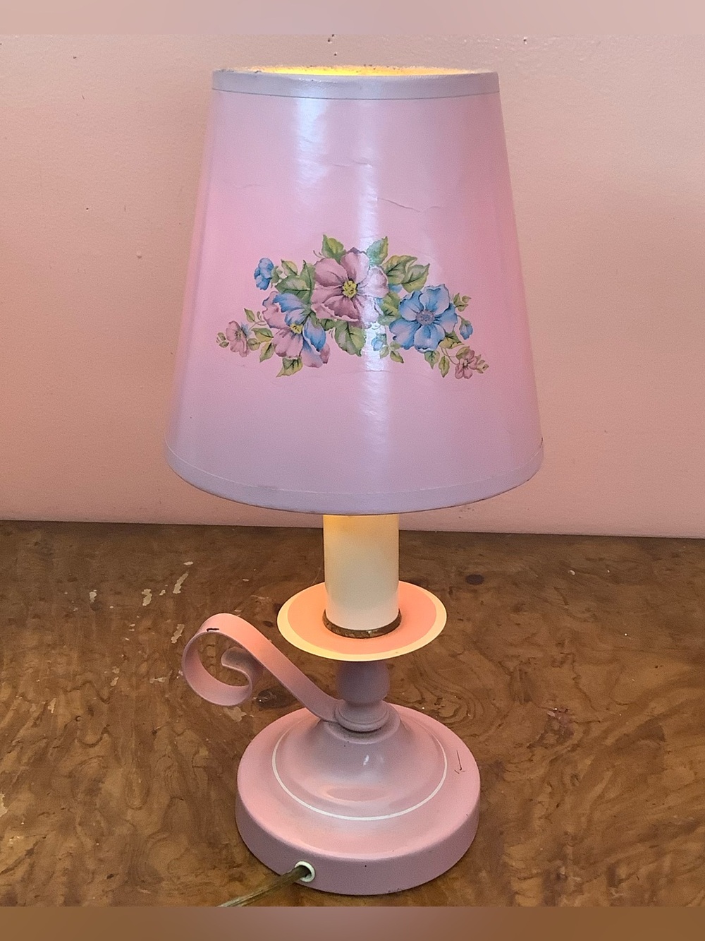 Vintage Pink Enamel Finger Loop Candlestick Lamp 13” with Floral Paper Shade